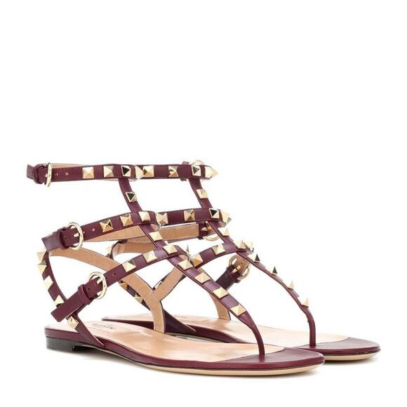 Valentino Rockstud Red Burgundy Leather Triple Strap Gladiator Flat Sandal 35 - Picture 3 of 12